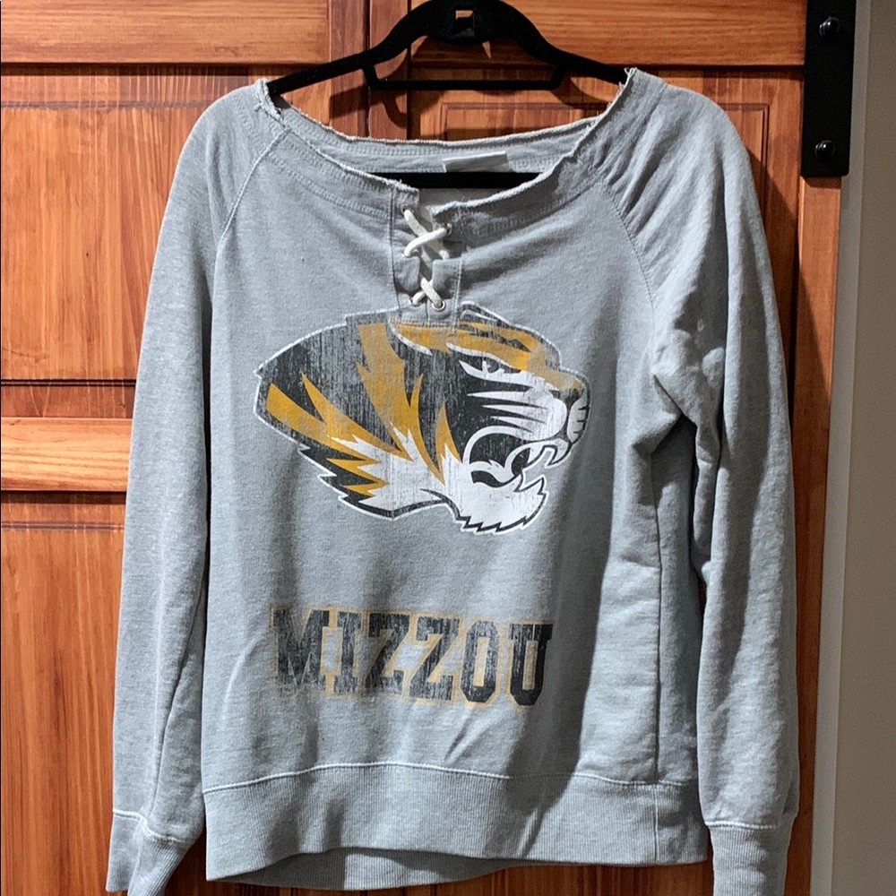 Cute distressed, heathered grey sweatshirt Mizzou tigers and lace up neck detail